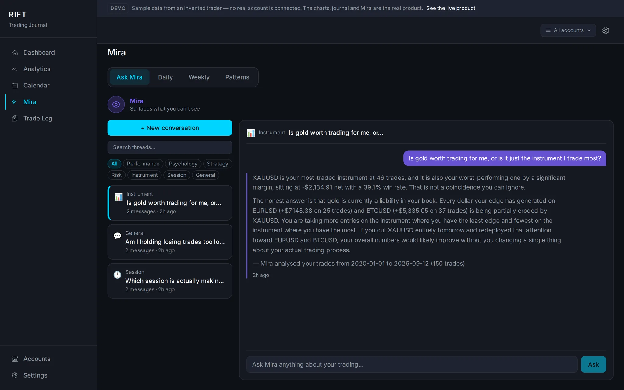 The Mira page in RIFT, showing a list of saved conversation threads and an open thread answering a question about instrument performance with specific figures.
